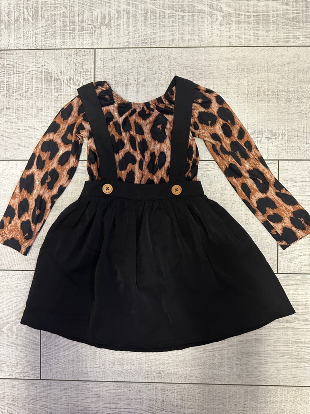 Leopard Print Bodysuit & Black Suspender Skirt - Kids Dress